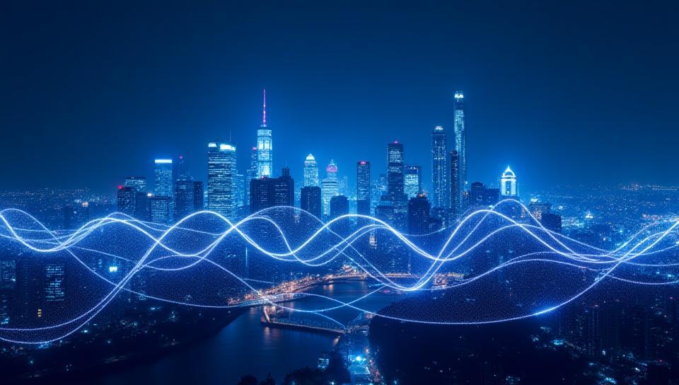 Modern city skyline at night with glowing fiber optic cables overlay, showcasing telecom offer.