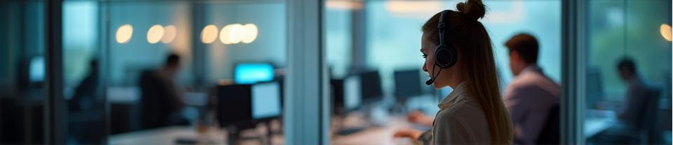 Modern office setup with VoIP phone and headset, illustrating business communication.